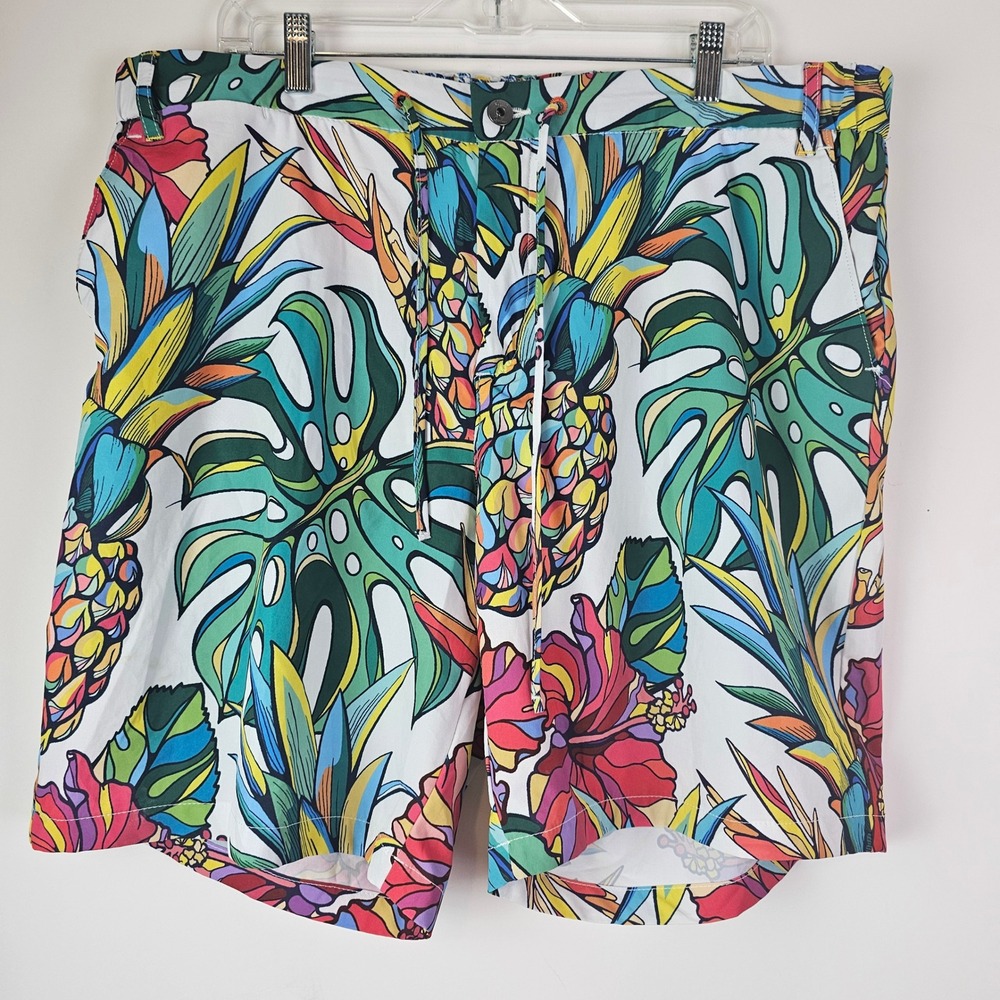 Robert Graham Mens 40 Tropical Pineapple Monstera Print Swim Trunks Classic Fit